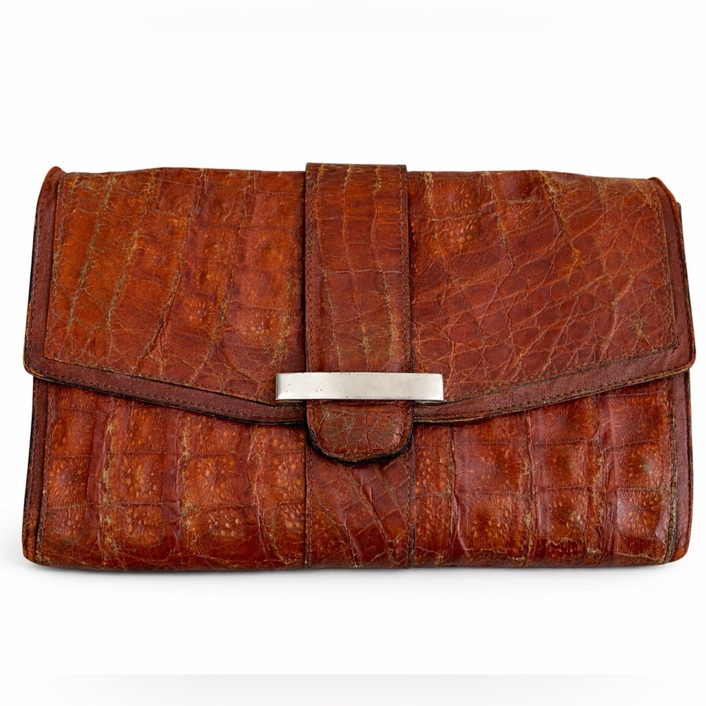 Vintage Brown Crocodile Alligator Leather Clutch Silver Buckle